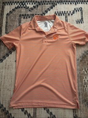 Striped Clemson Orange Polo with Embroidered Paw Logo
